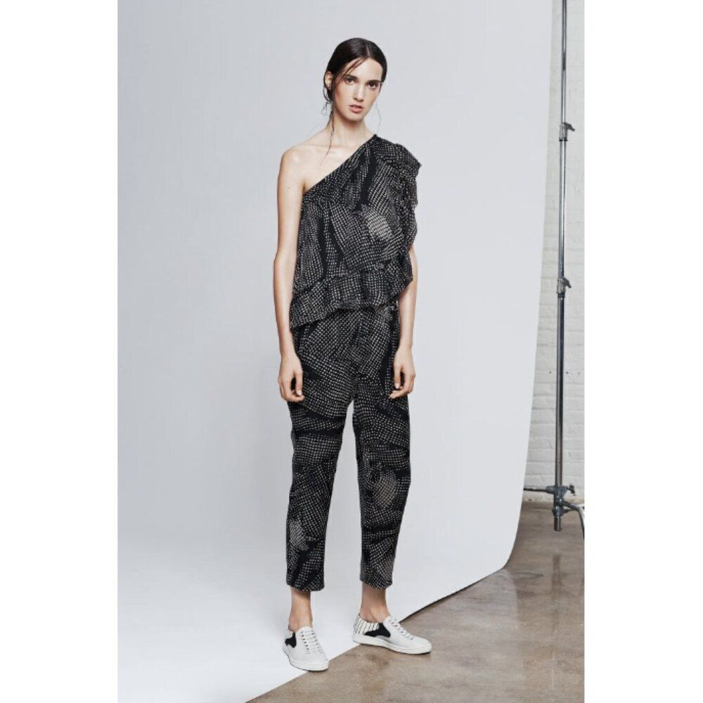 Thakoon Addition black white abstract dot silk one shoulder ruffle jumpsuit